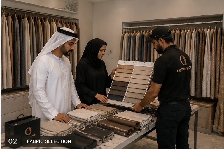 Customers selecting curtain fabrics in showroom
