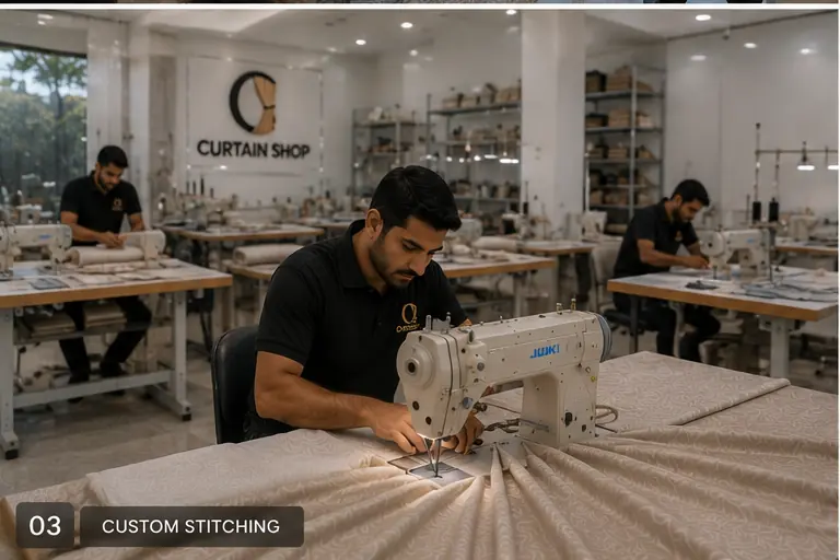 Professional tailor stitching custom curtain fabric