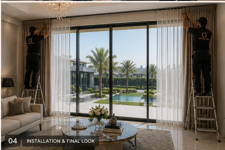 Professionals installing curtains in luxury living room