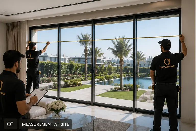 Professional curtain measurement at a luxury villa