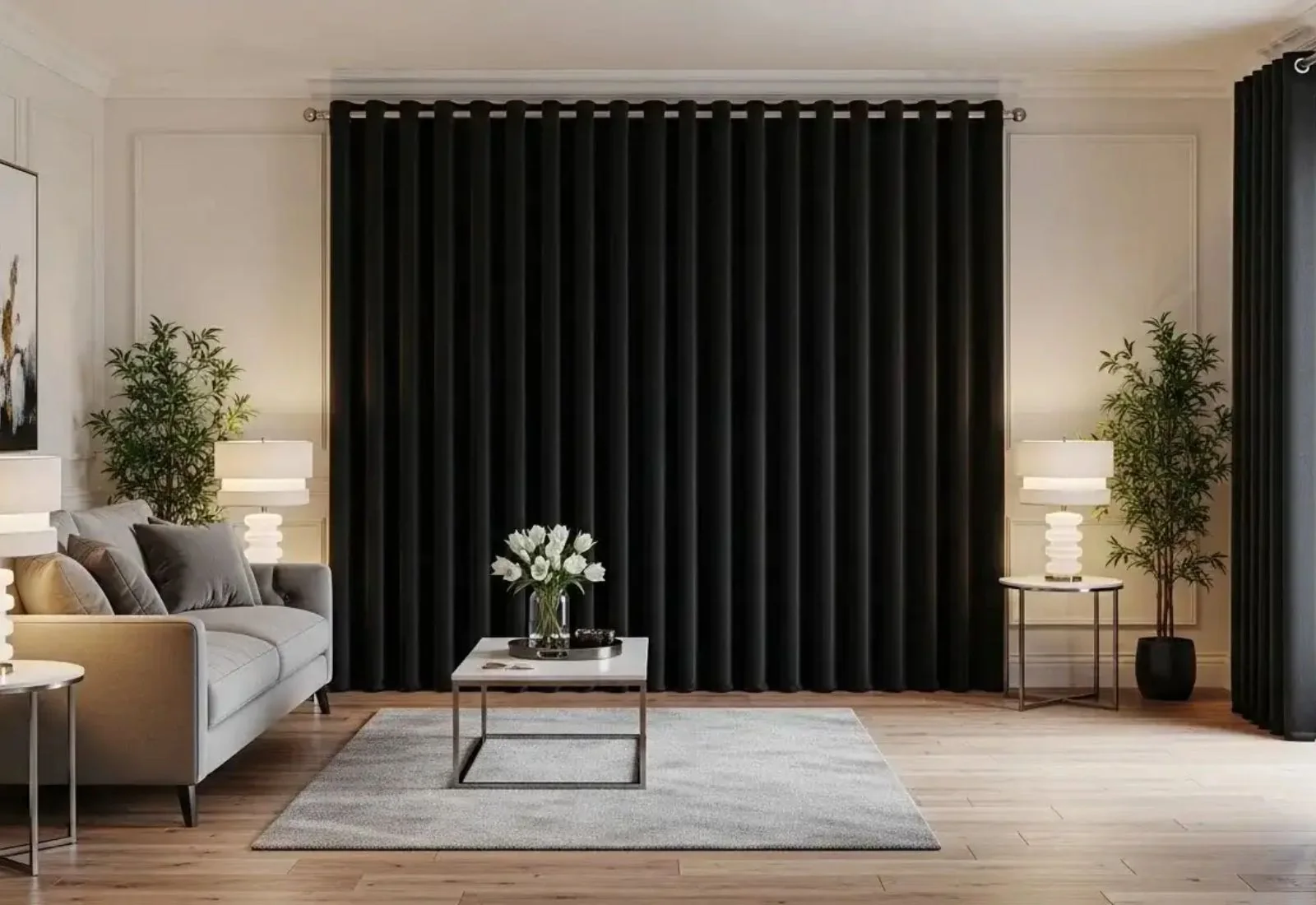 Blackout eyelet curtain installed in modern bedroom