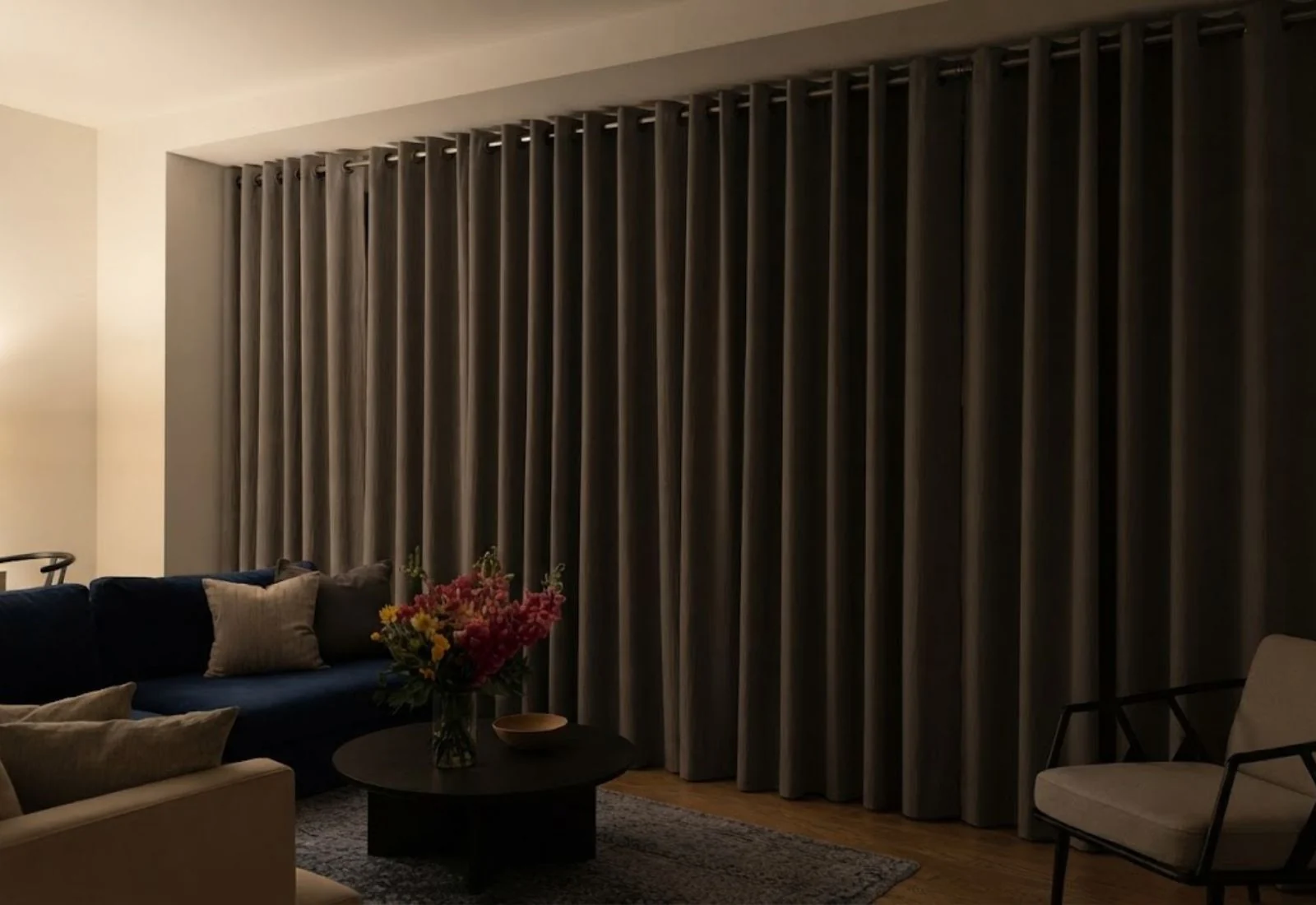 Blackout thermal curtain installed in cozy bedroom