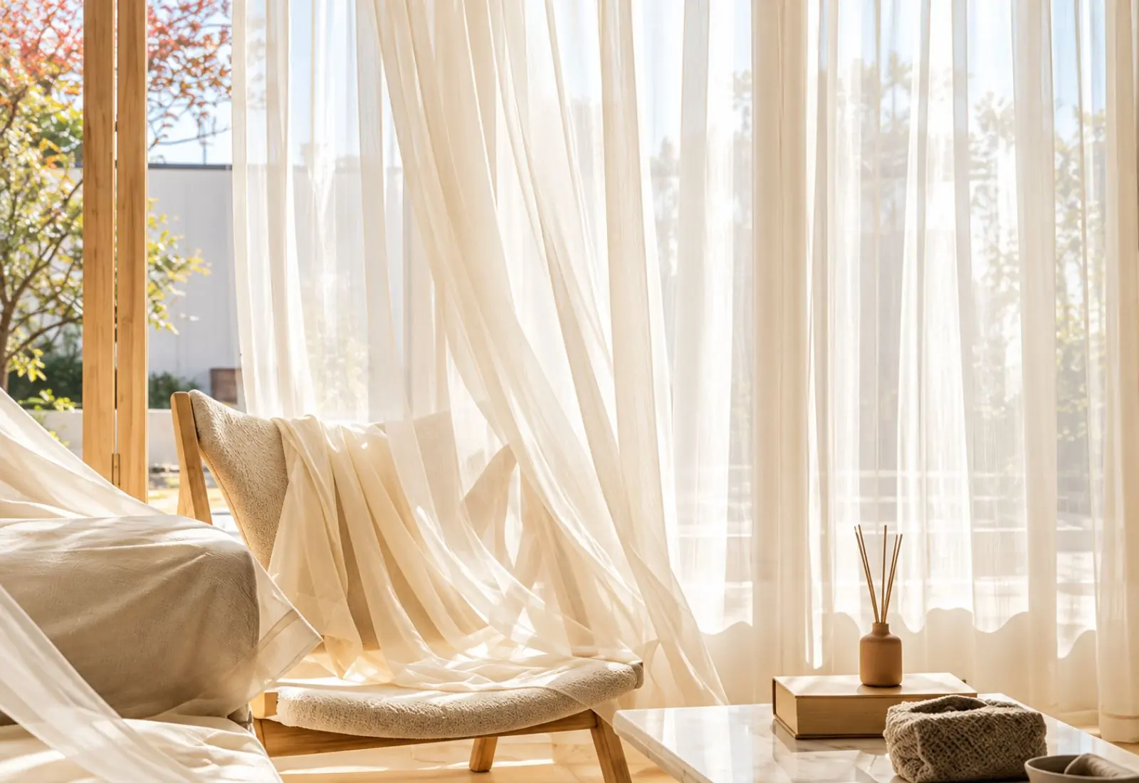 Soft chiffon curtain installed in bright room