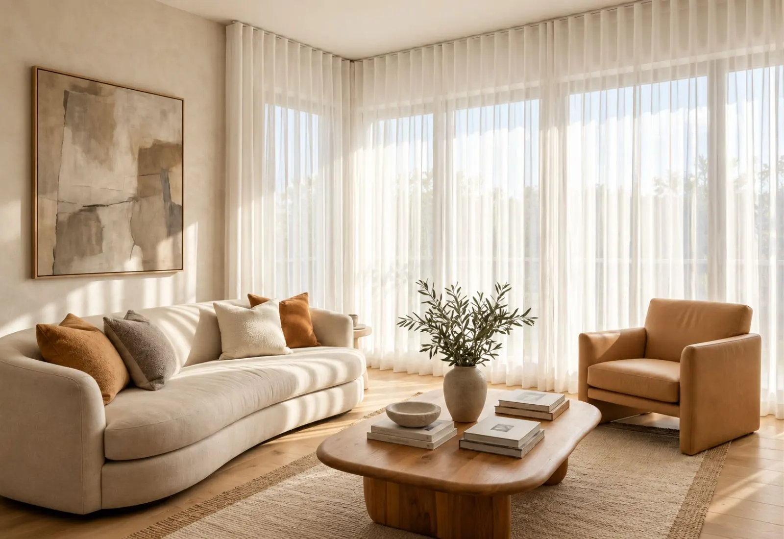 Cotton sheer curtains in bright airy bedroom