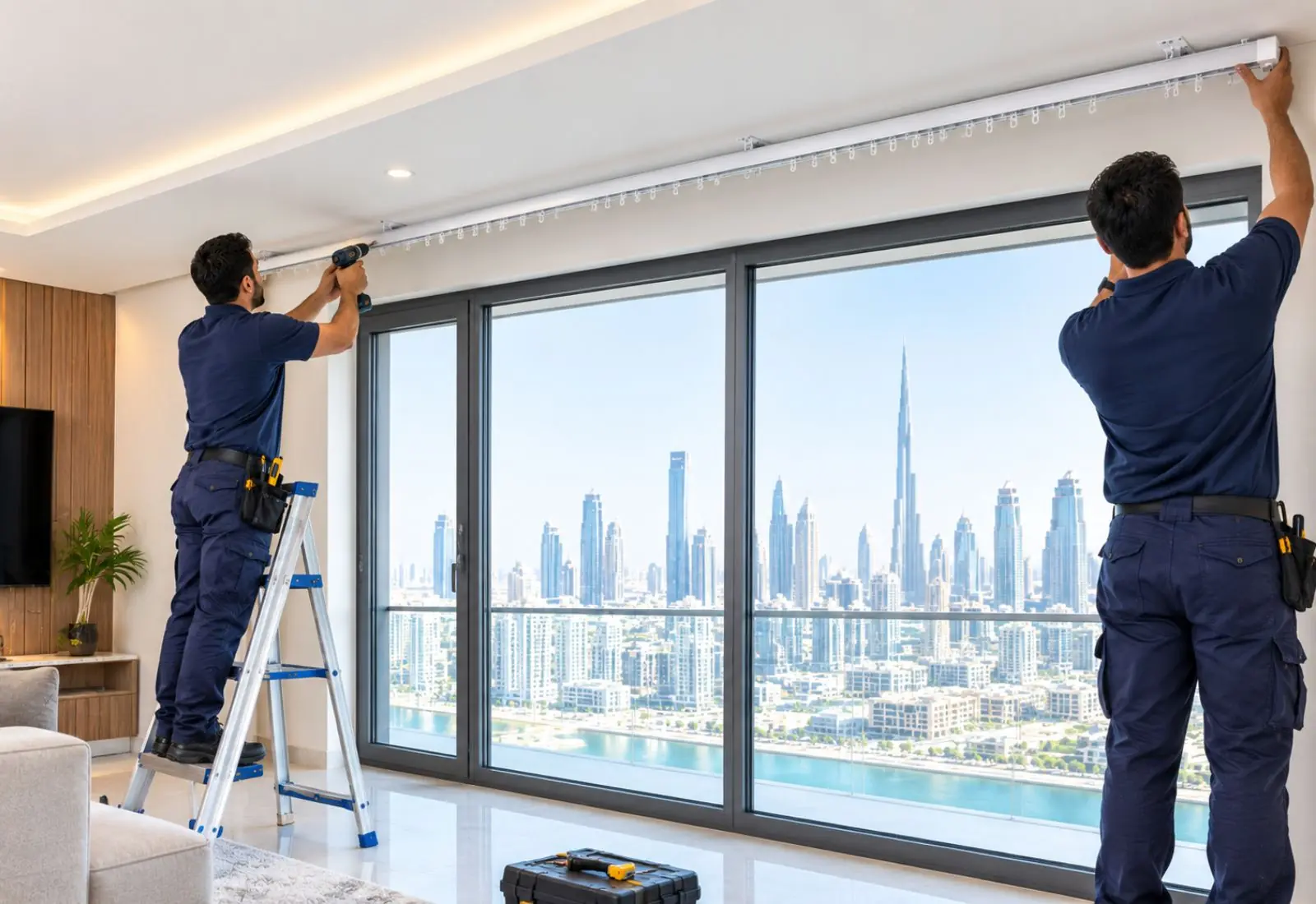 Professional curtain track installation on ceiling