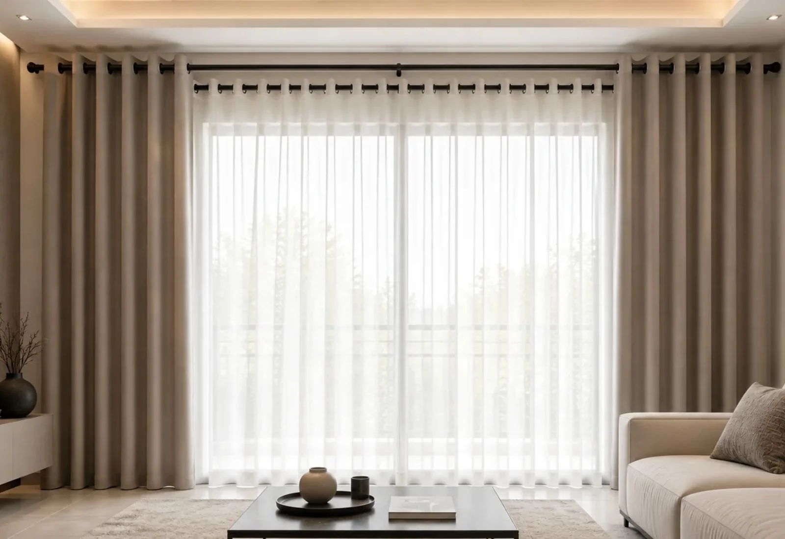 Double layered eyelet curtain installed in modern room
