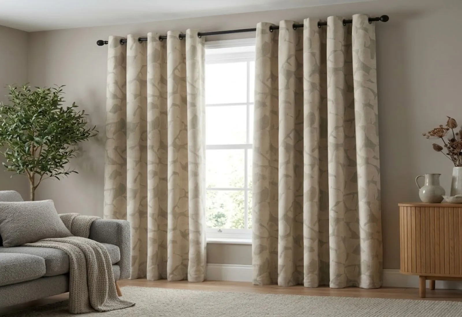Eyelet dim-out curtain installed in modern room