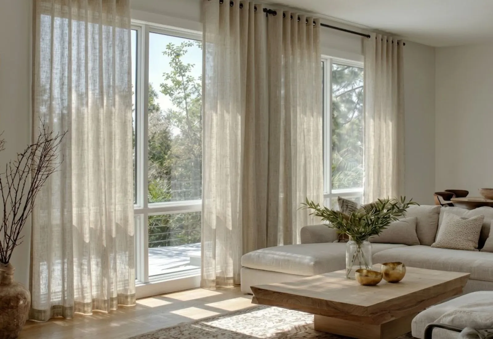 Natural eyelet linen curtain installed in home