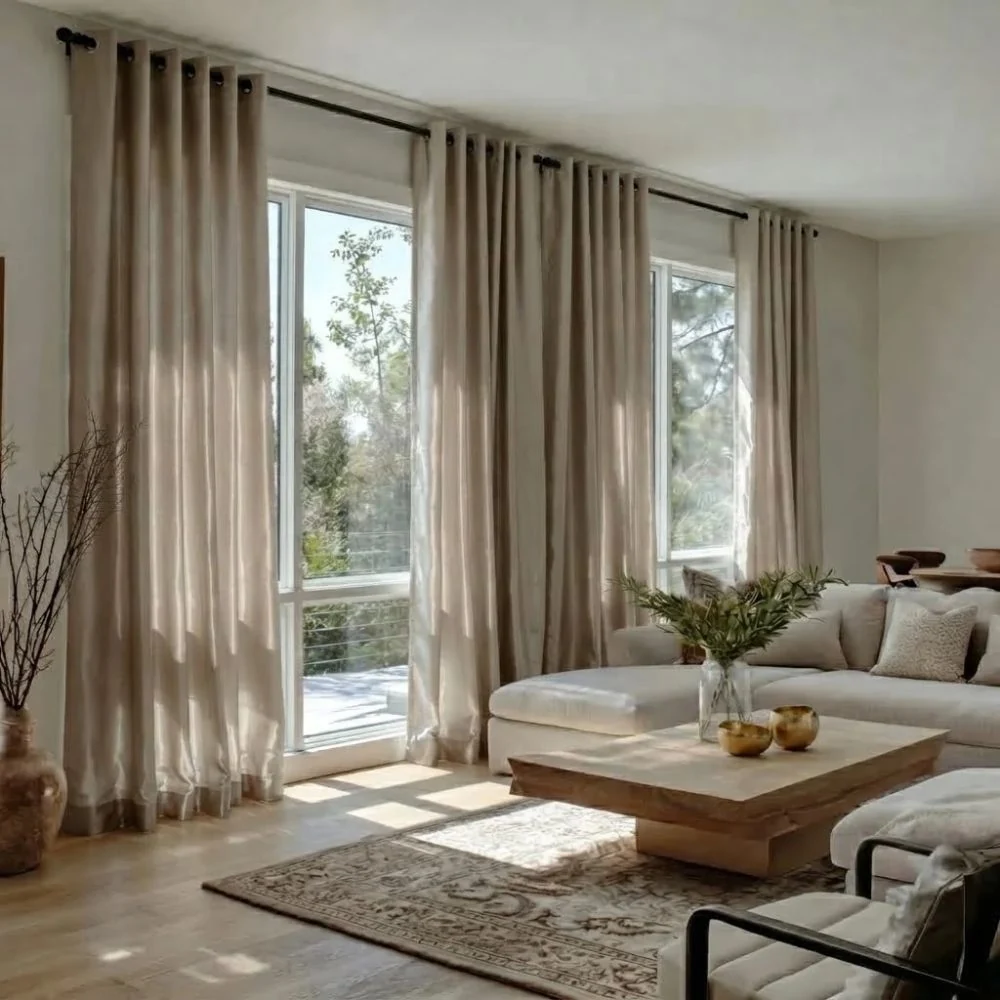 Silk eyelet curtains installed in modern room
