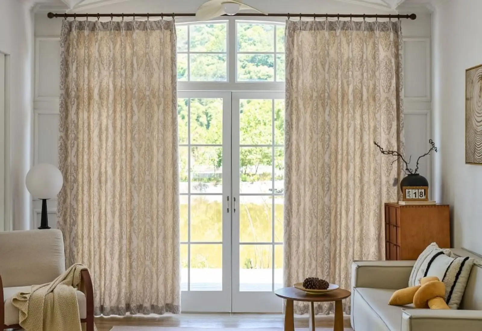 Textured jacquard curtain installed in elegant room