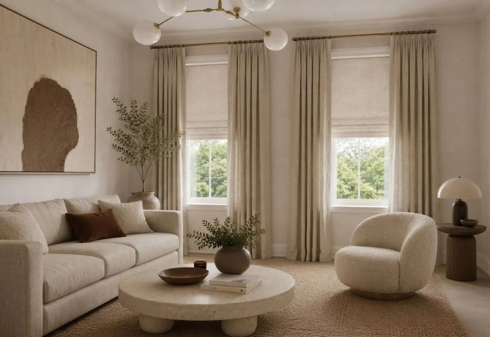Natural linen curtain installed in home interior