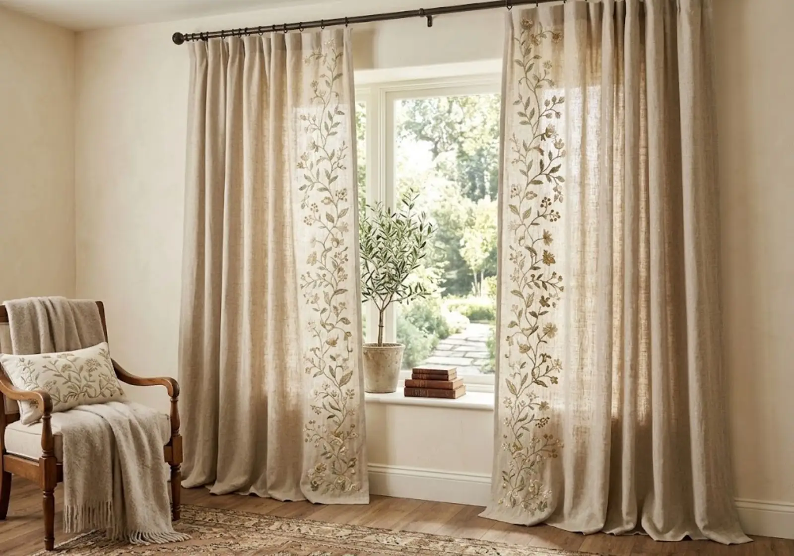 Linen embroidered curtain in elegant living room