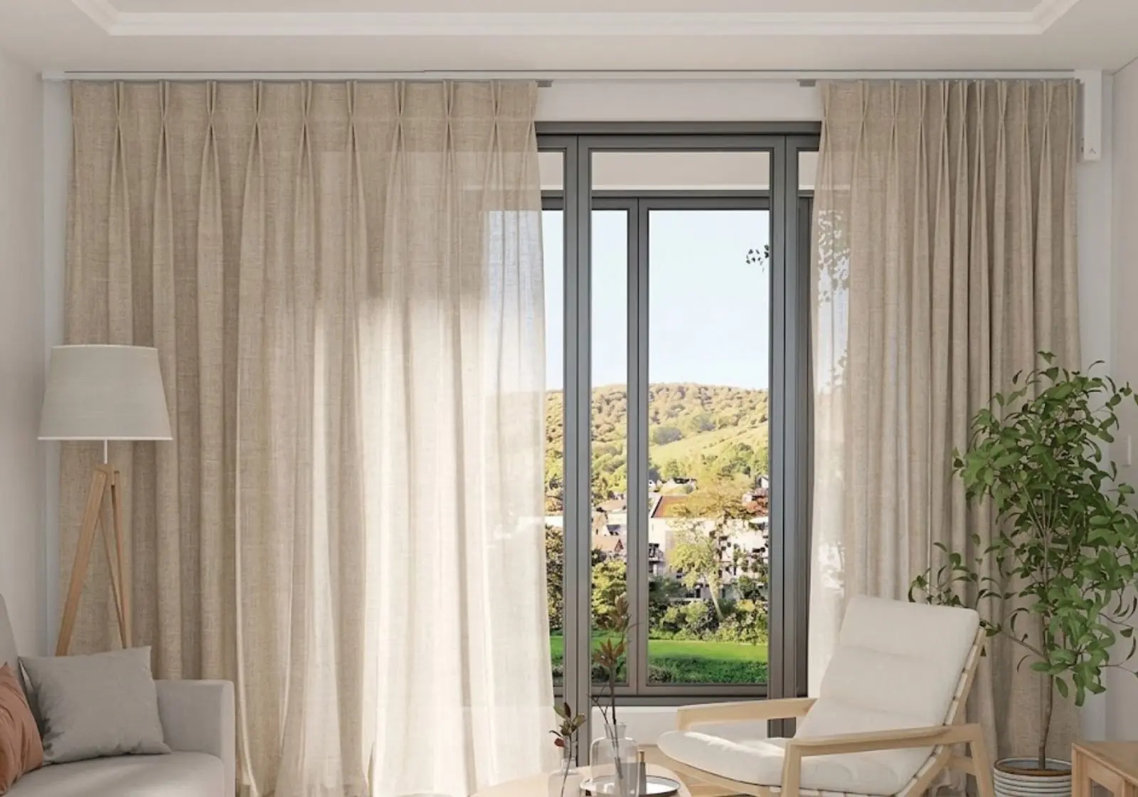 Linen motorized curtain in modern living room