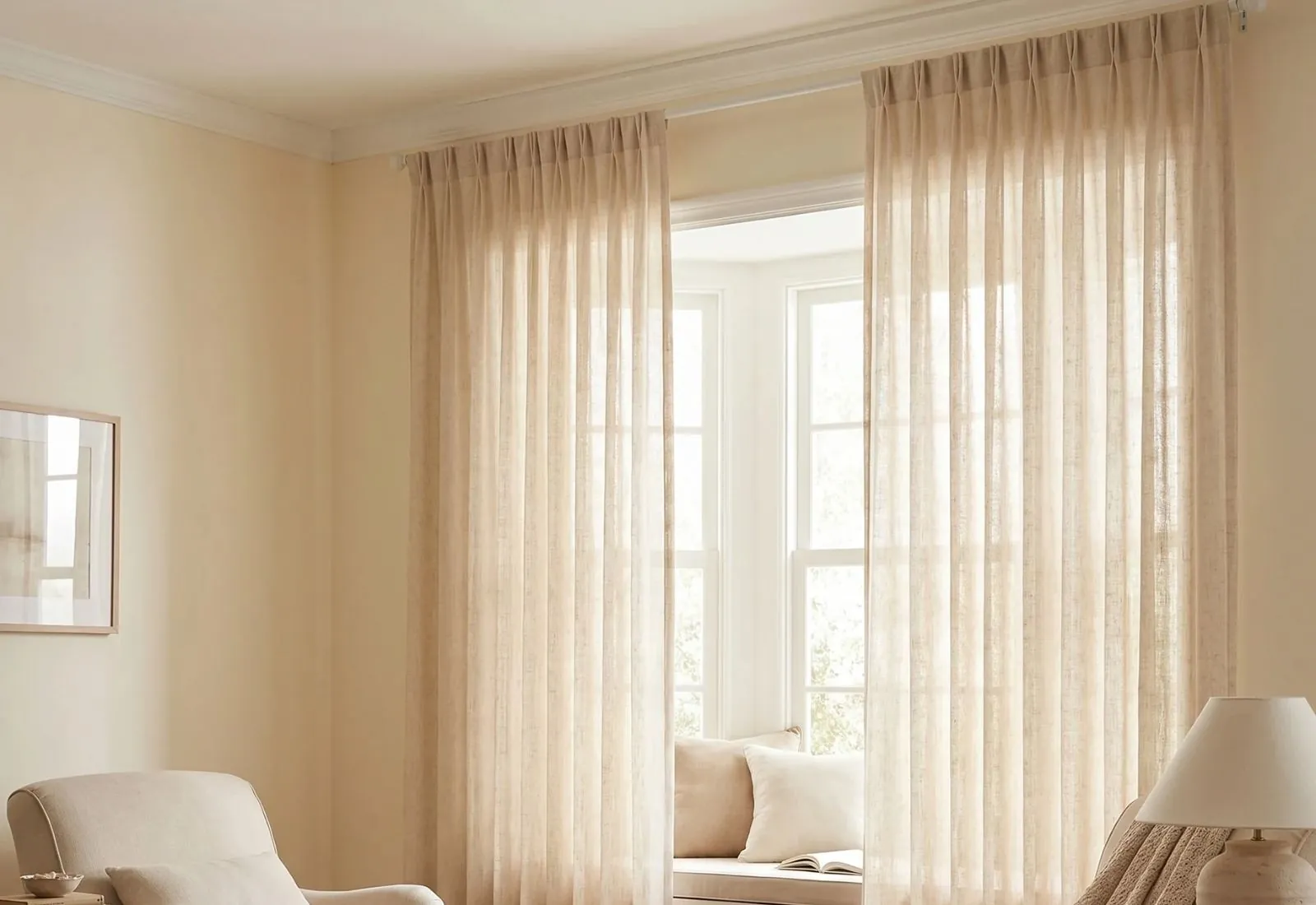 Linen sheer curtain in bright living room