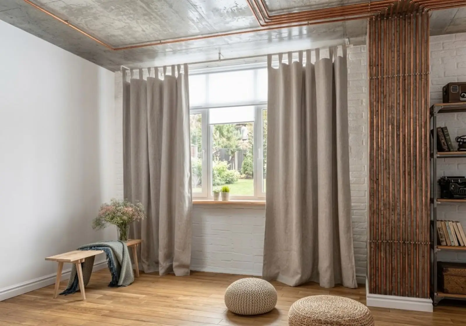 Linen thermal curtain in cozy winter bedroom