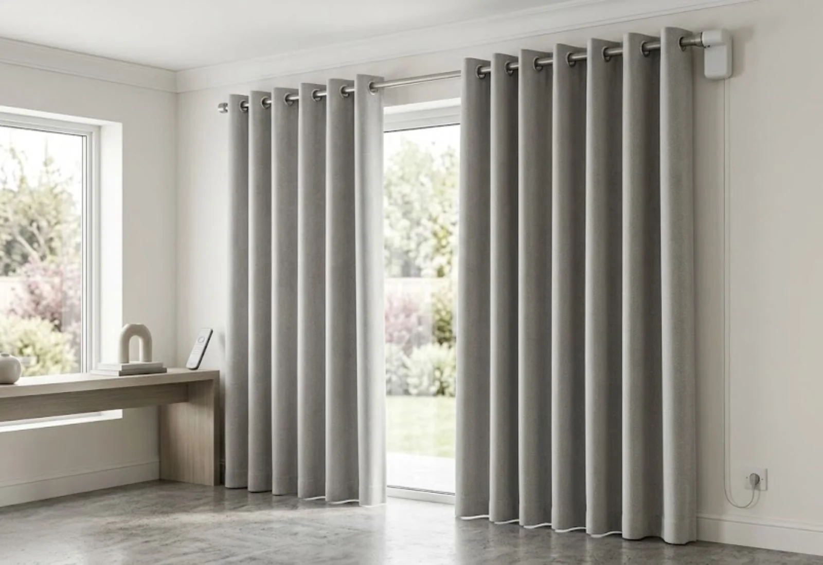 Motorized eyelet curtain installed with automated track
