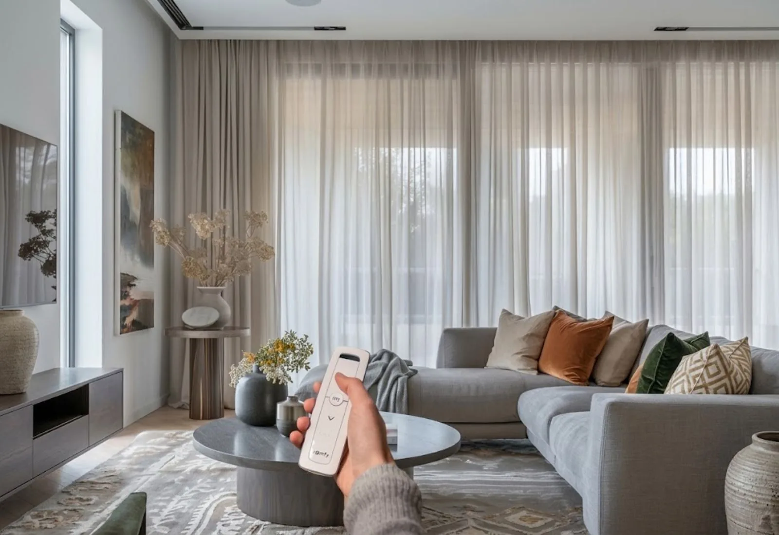 Motorized sheer curtain installed with automated track