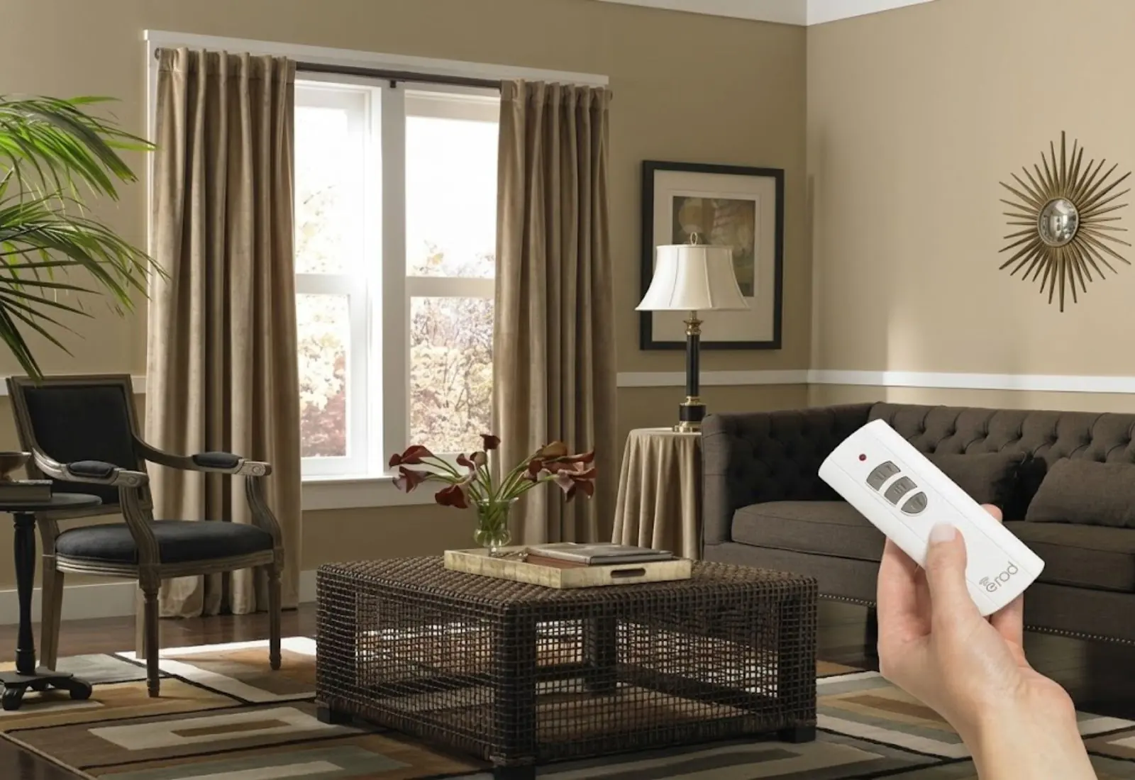 Motorized velvet curtain installed with automated track