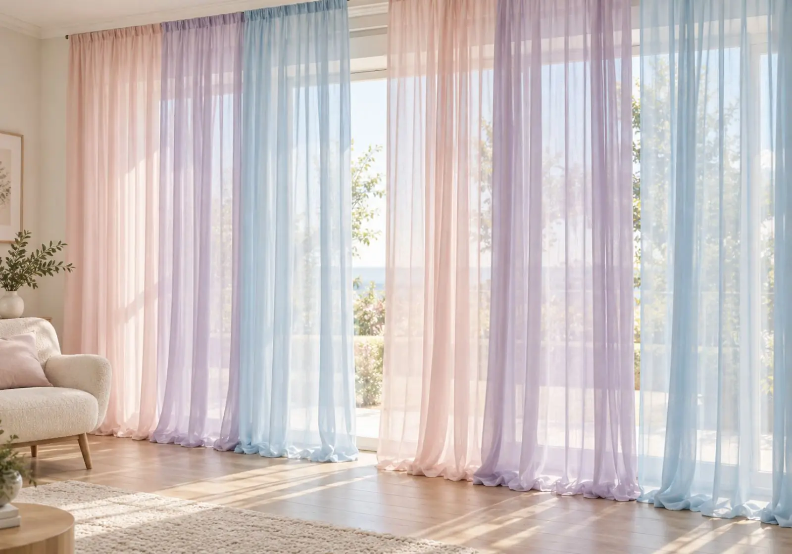 Soft pastel sheer curtain installed in bright room