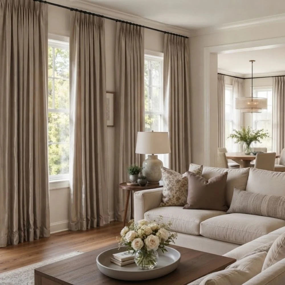 Pinch pleat silk curtains installed elegantly