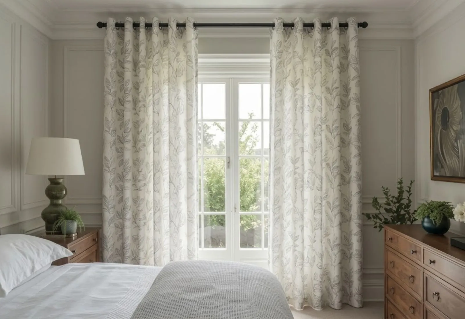 Printed eyelet curtain installed in modern room