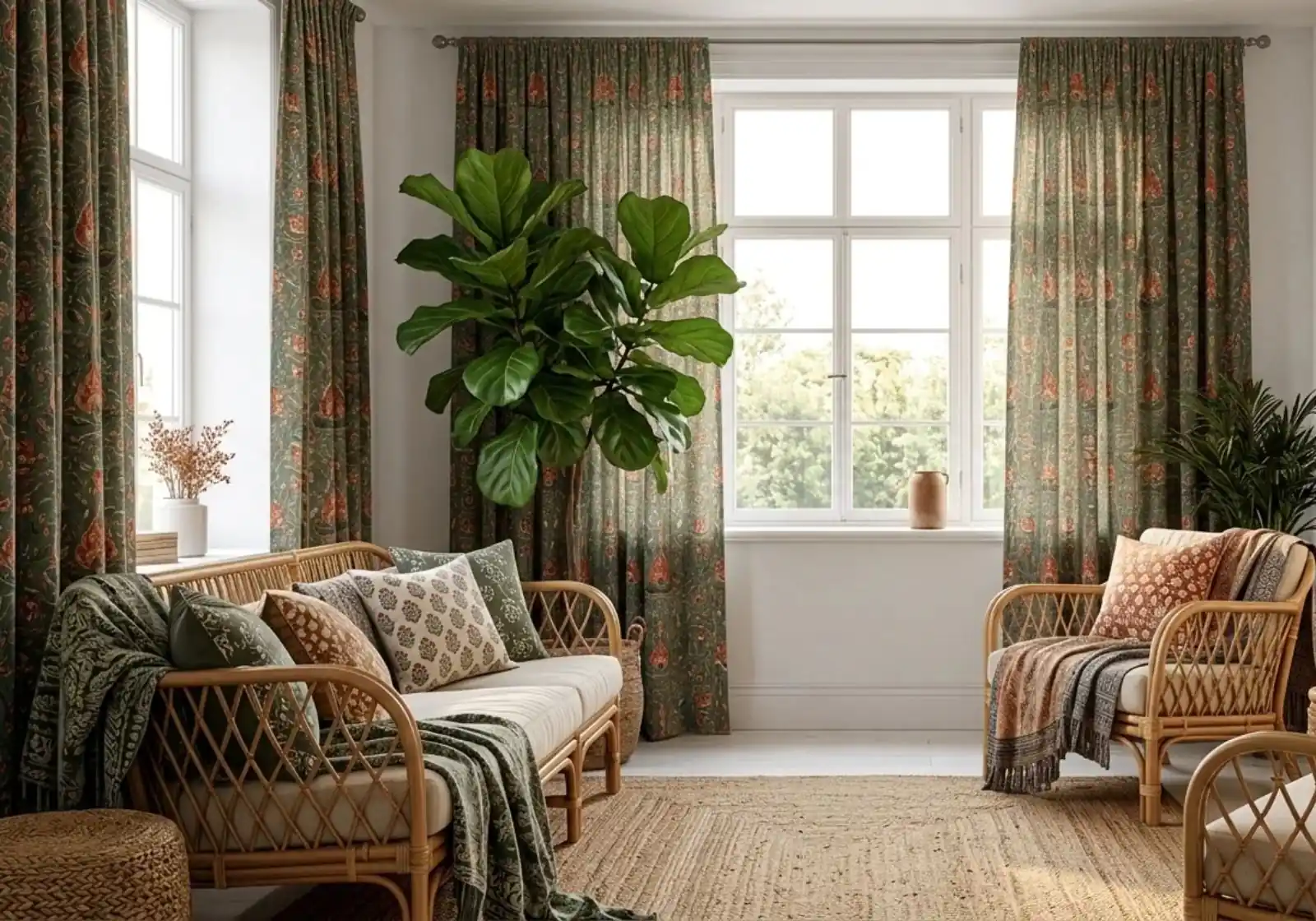 Printed linen curtain in stylish modern bedroom