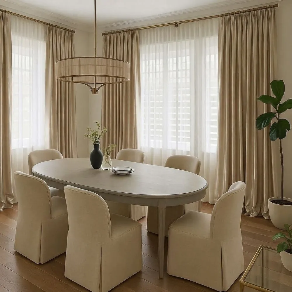 Elegant silk curtains installed in restaurant interior