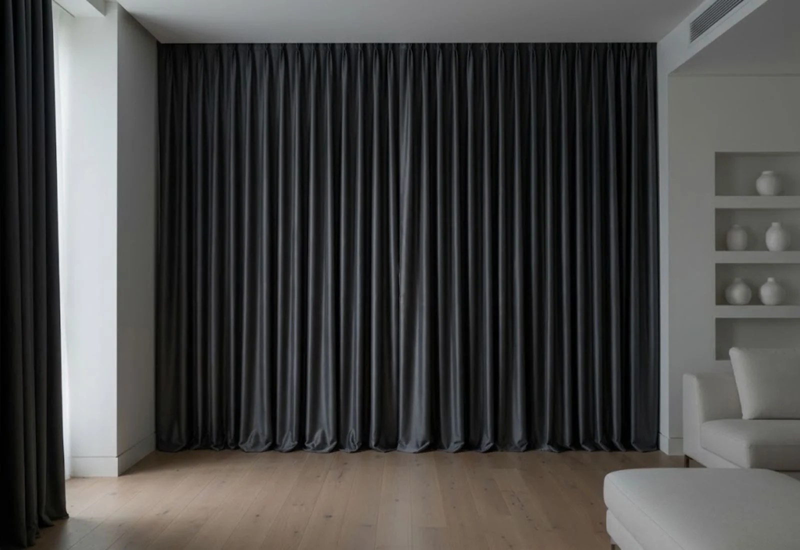 Silk blackout curtain installed in bedroom interior