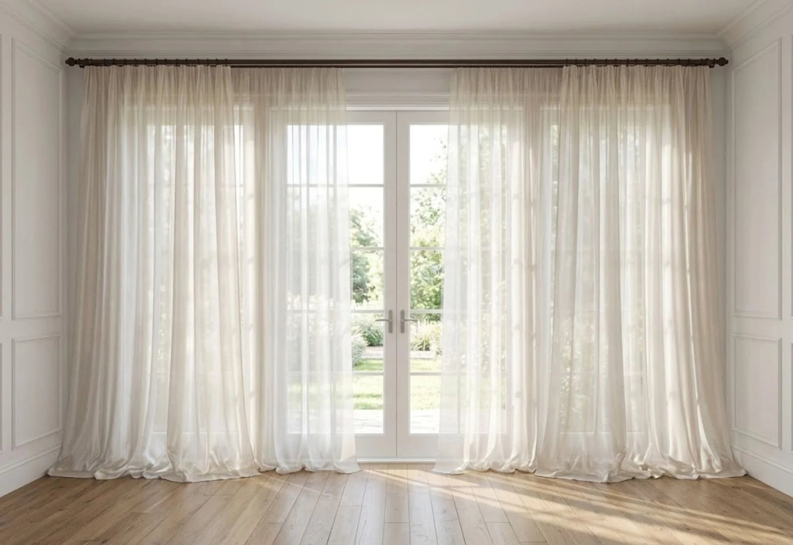 Silk sheer curtain installed in bright living room