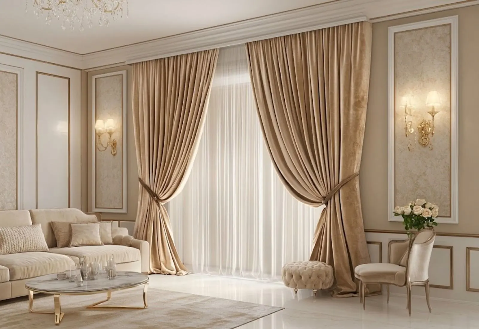 Luxurious silk velvet curtain in home interior