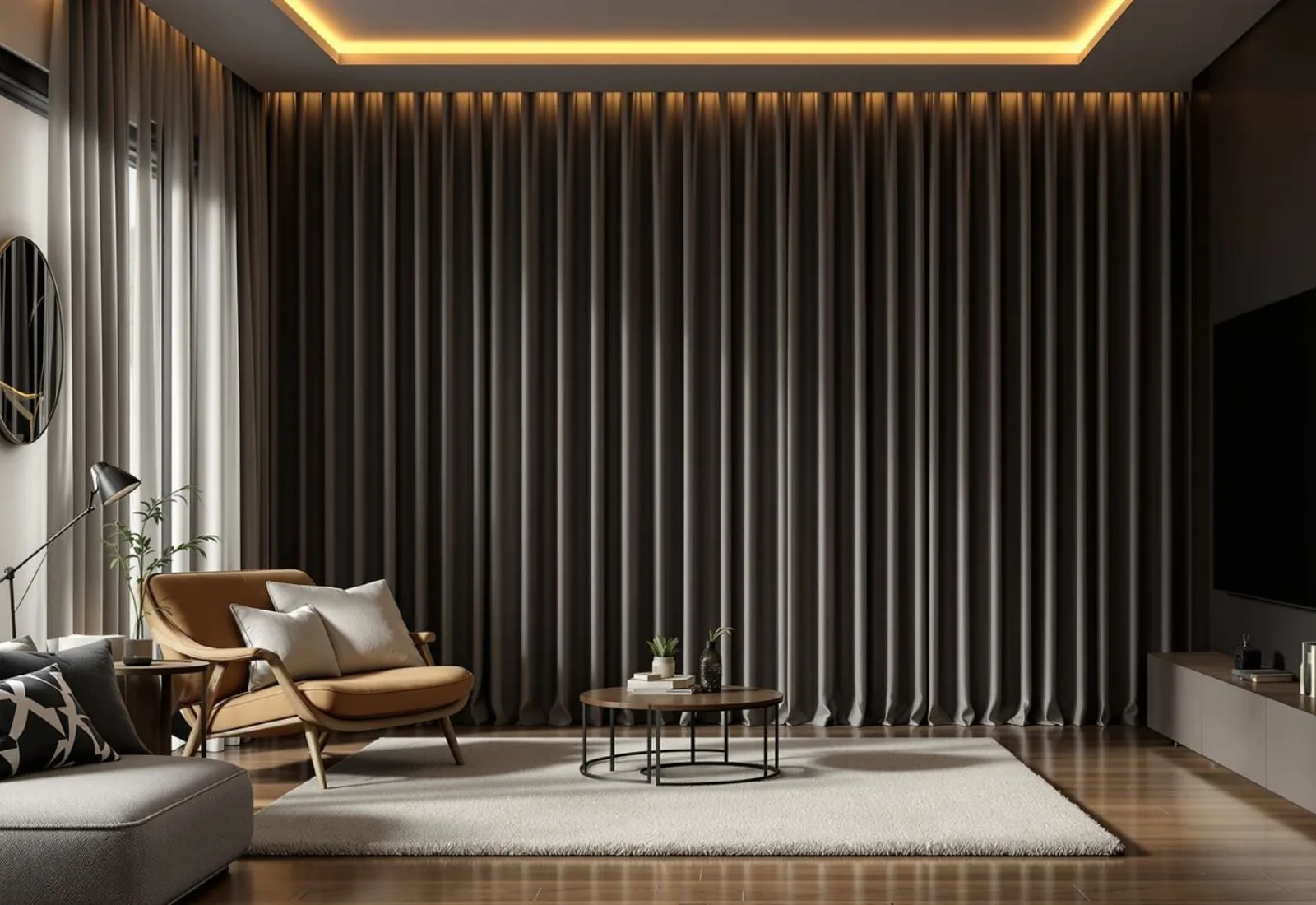Soundproof curtain installed in quiet room interior