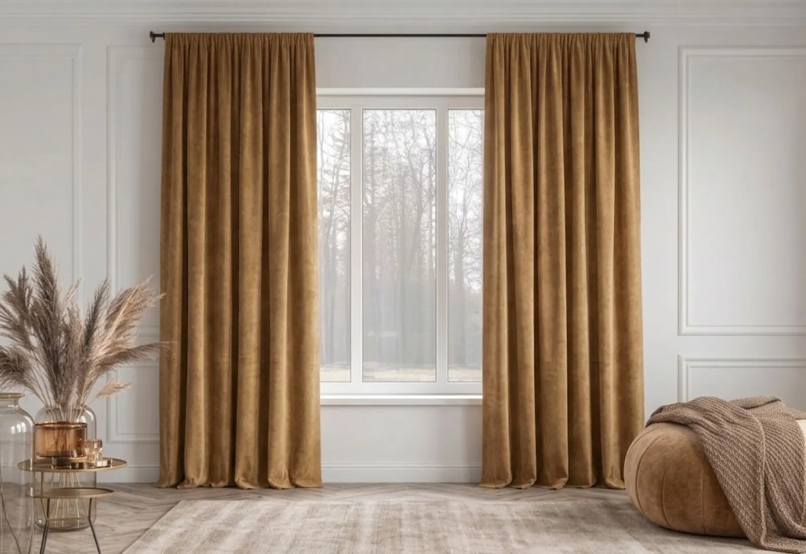 Luxurious suede curtain installed in home interior