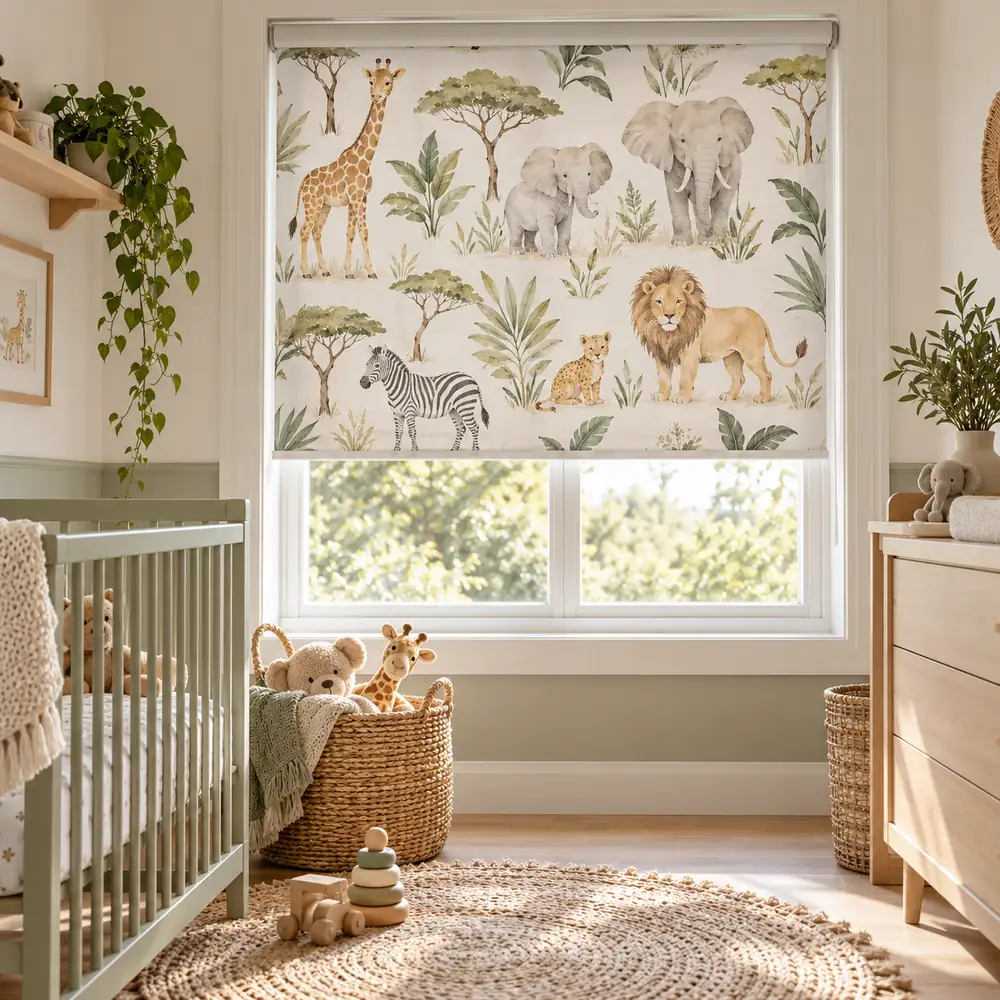 Animal Printed Blinds In Nursery
