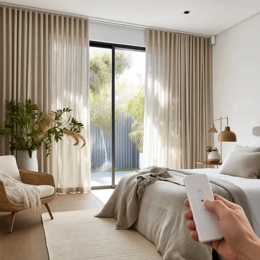 Motorized curtains installed in cozy bedroom project