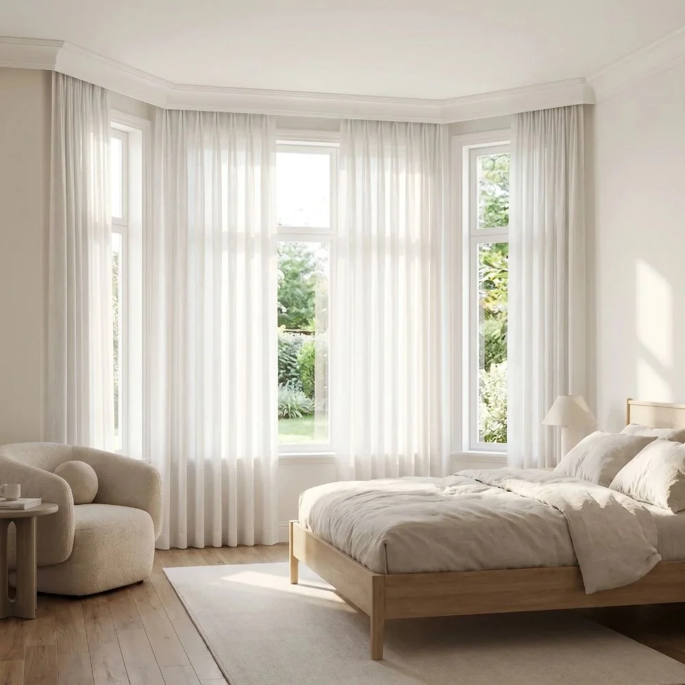 : Sheer curtains installed in light bedroom project