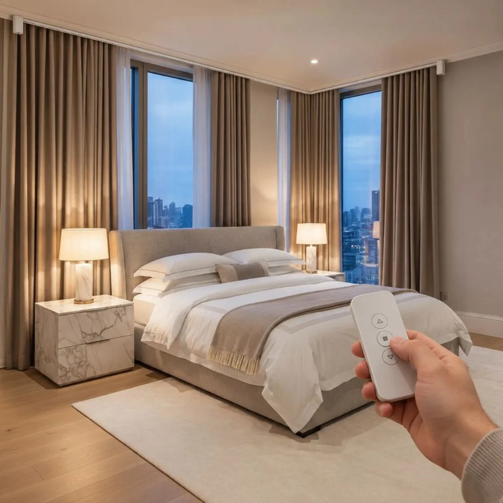 Motorized blackout curtains installed for full darkness