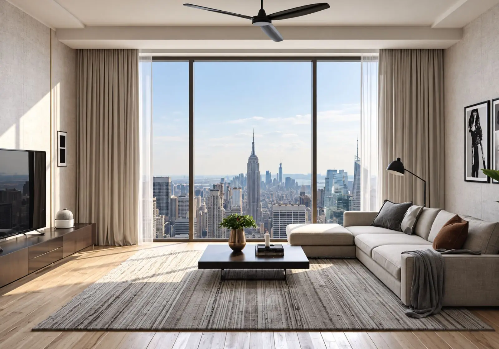 Premium living room curtains installed in Dubai home