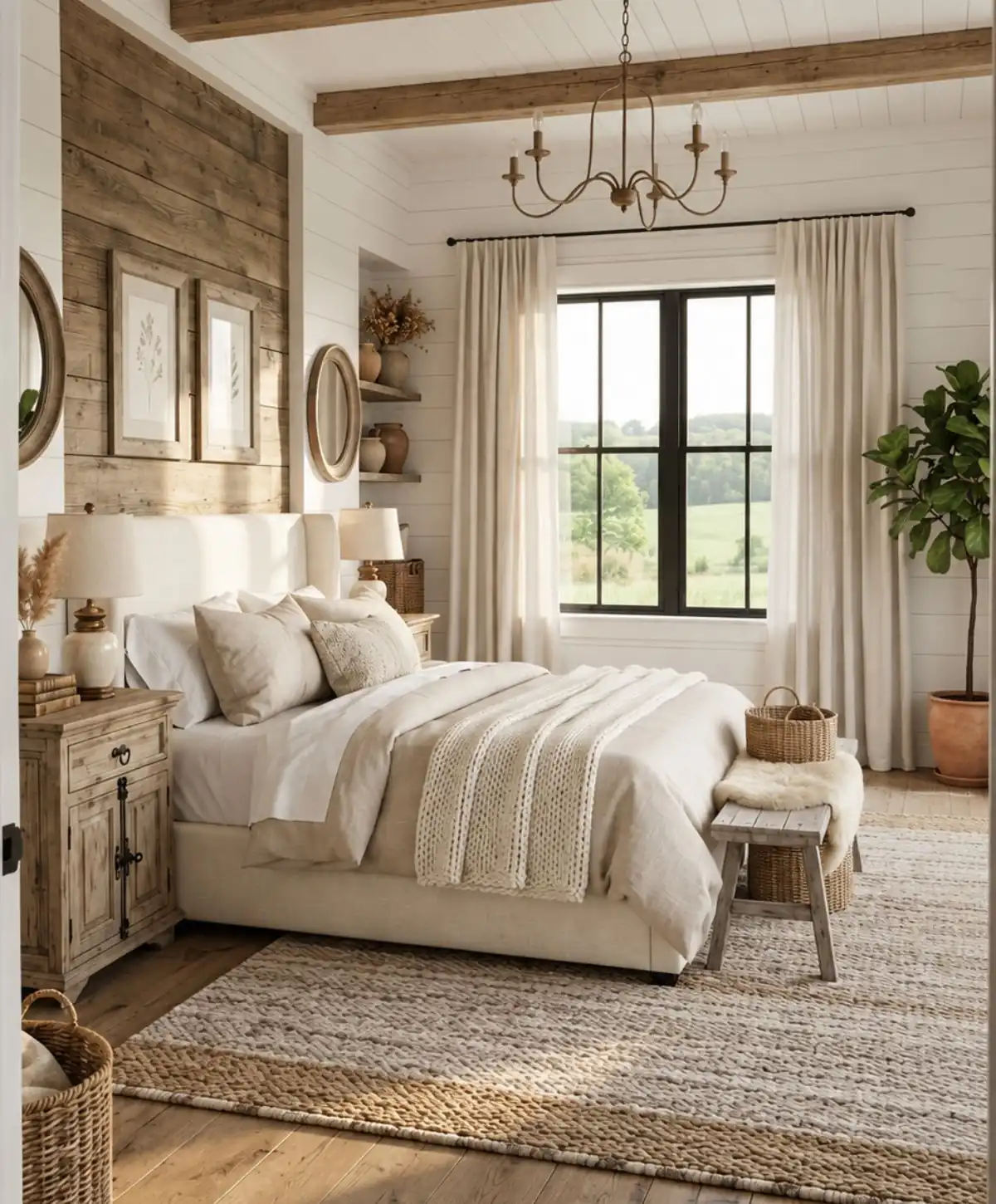 Rustic farmhouse bedroom curtains with soft natural texture