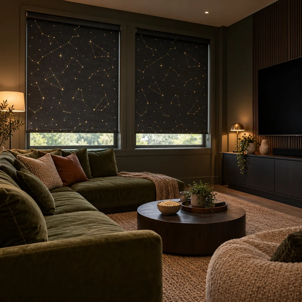Dark Printed Blinds In Media Room