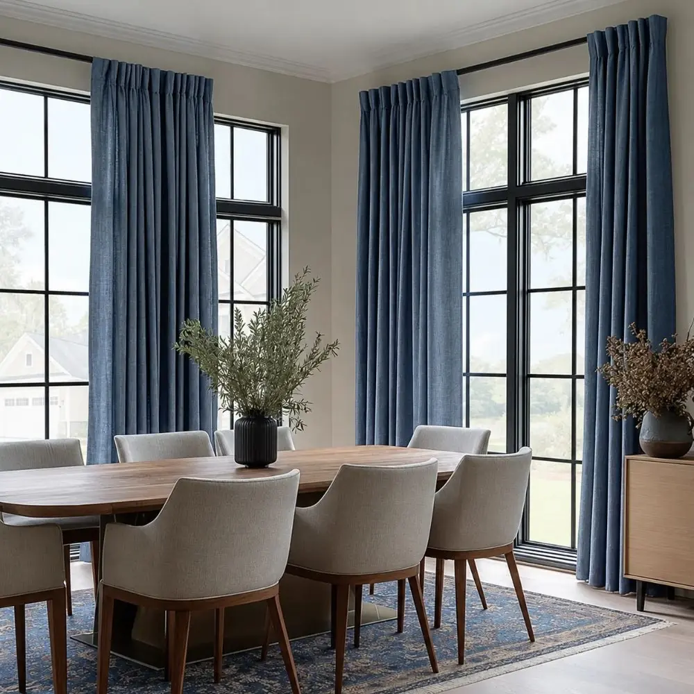 Linen curtains installed in elegant dining area