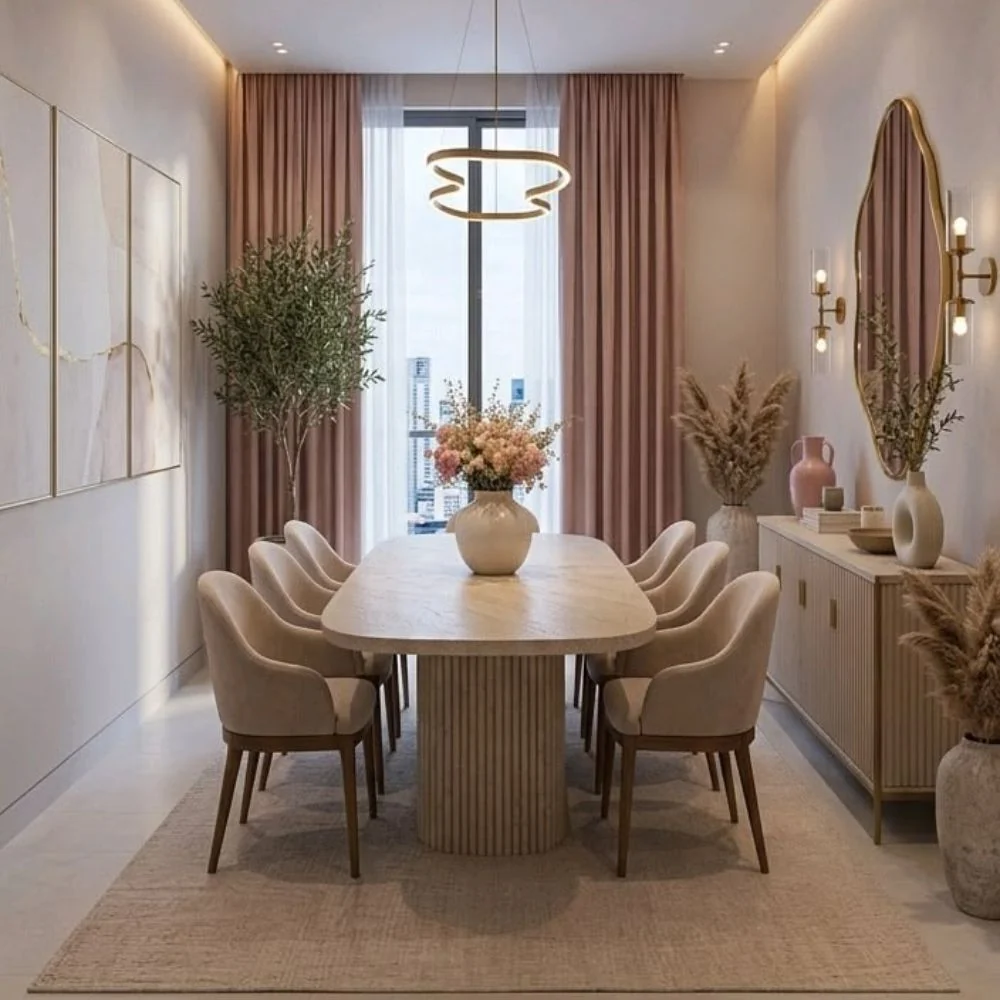 Curtains installed in elegant dining room Dubai