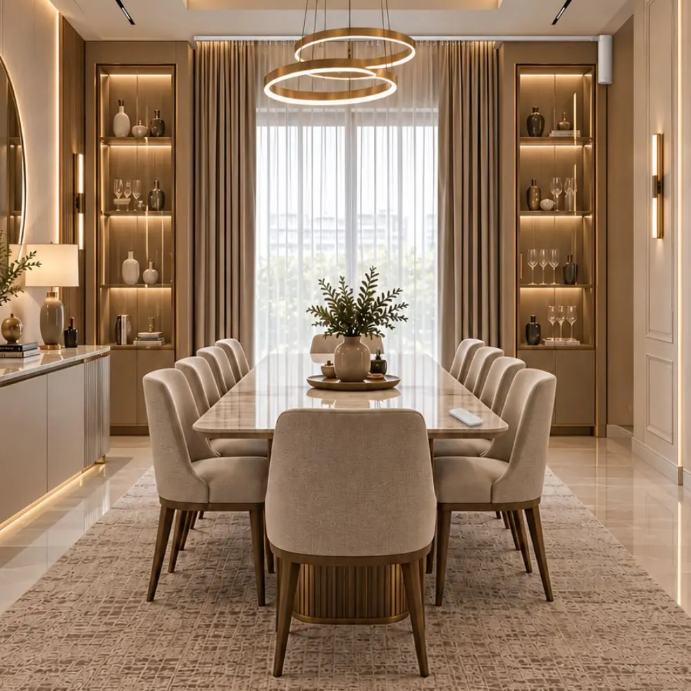 Motorized curtains installed in elegant dining room