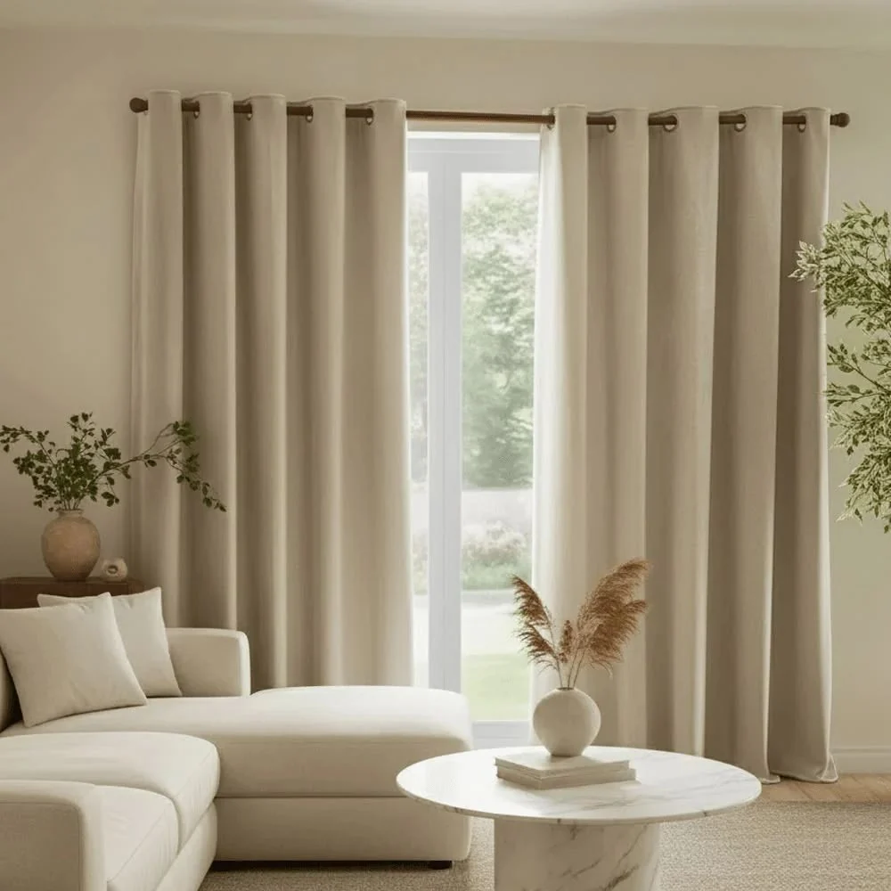 Ring-top curtain fabric draping smoothly on rod