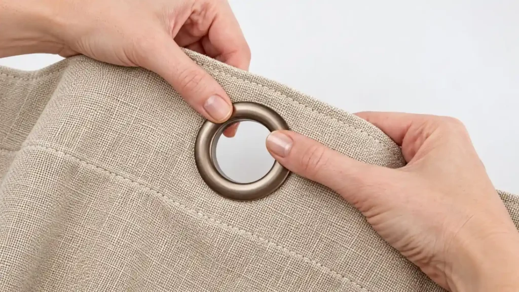 Eyelet rings attached to curtain fabric edges