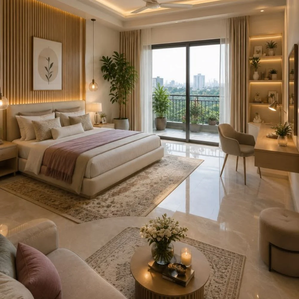Custom curtains styled in luxury hotel room