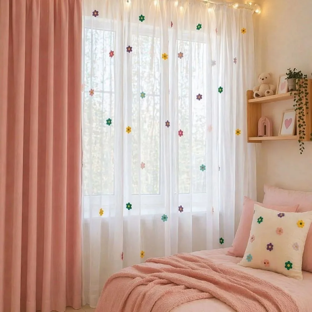 Sheer curtains installed in bright kids room