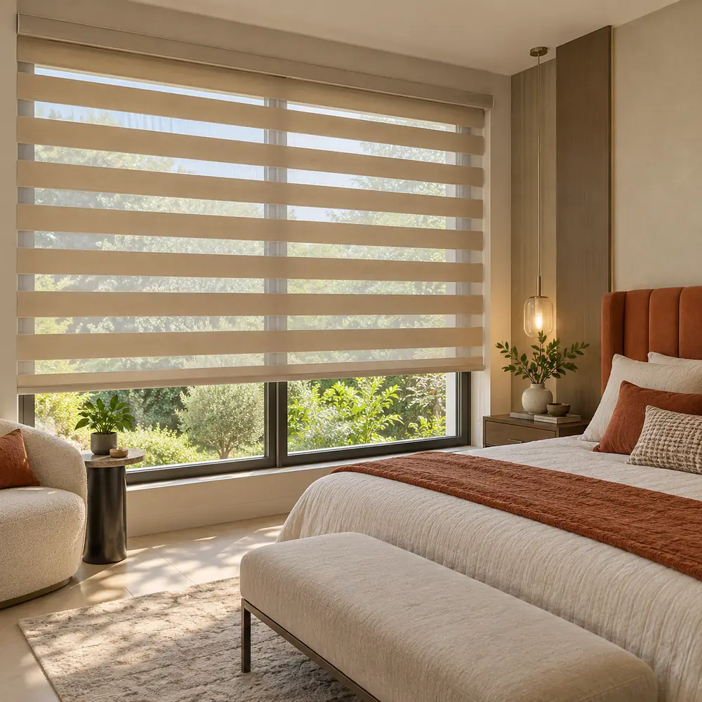 Layered Blinds In Main Bedroom