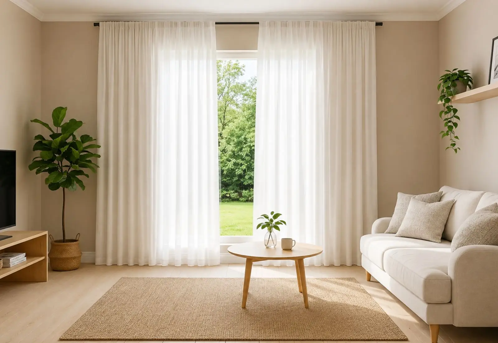 Linen-polyester blend curtain installed in home interior