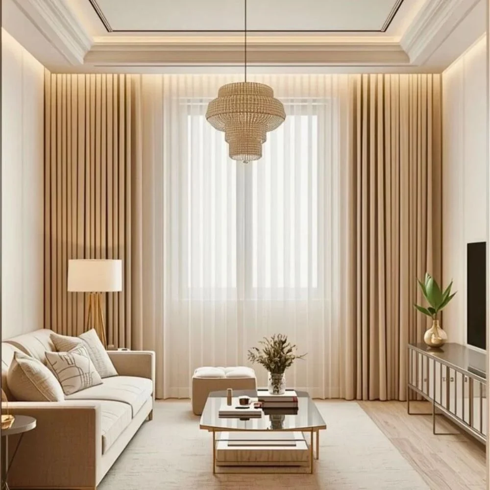 Custom curtains styled in elegant living room