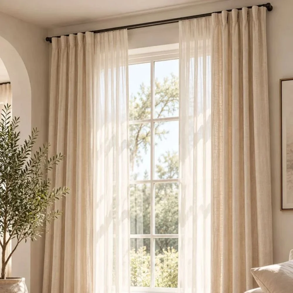 Linen curtains installed in elegant living room
